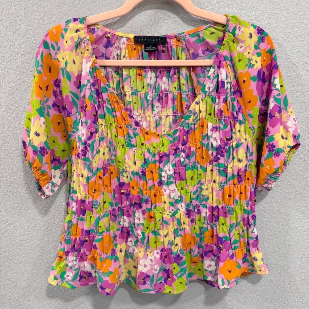 Sanctuary Floral Smocked Peplum Top Womens Small Pink Orange V-Neck Boho